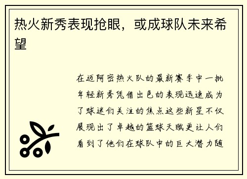 热火新秀表现抢眼，或成球队未来希望