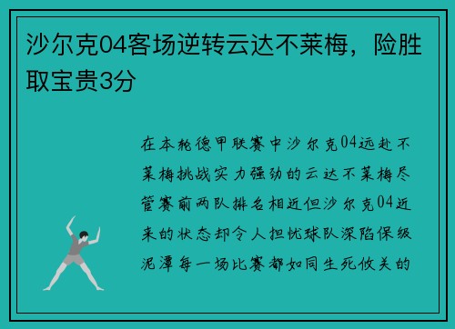 沙尔克04客场逆转云达不莱梅，险胜取宝贵3分