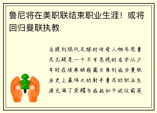 鲁尼将在美职联结束职业生涯！或将回归曼联执教