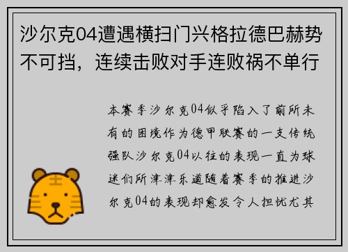 沙尔克04遭遇横扫门兴格拉德巴赫势不可挡，连续击败对手连败祸不单行